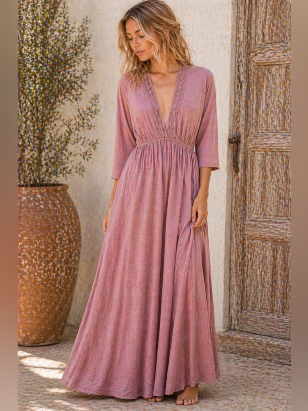 Lara Daisy Dusty Rose Boho Maxi Dress Lace Trim Deep V Small NWOT